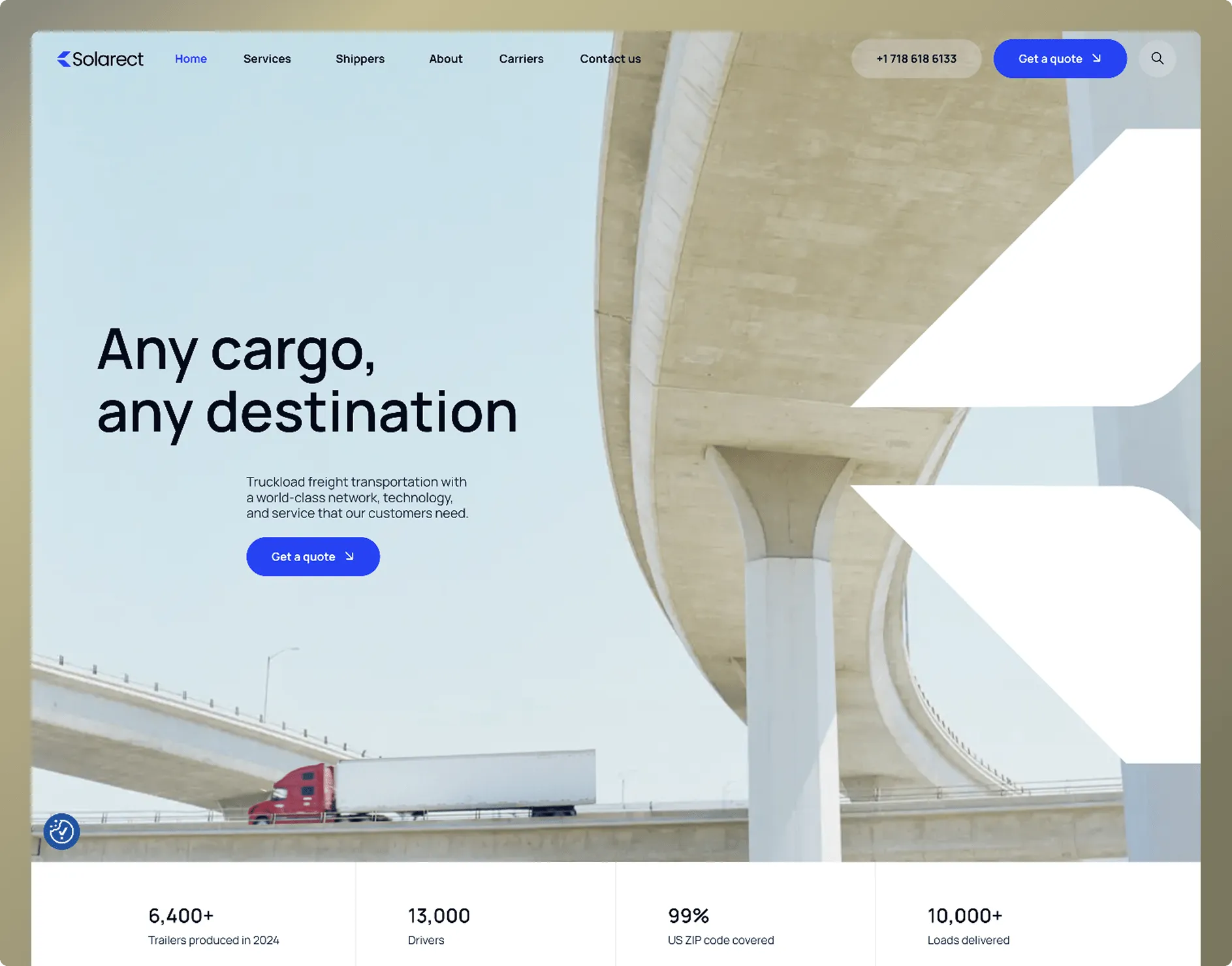 Clean light logistics landing with architectural bridge photography hero, Any cargo any destination headline and KPI stats strip