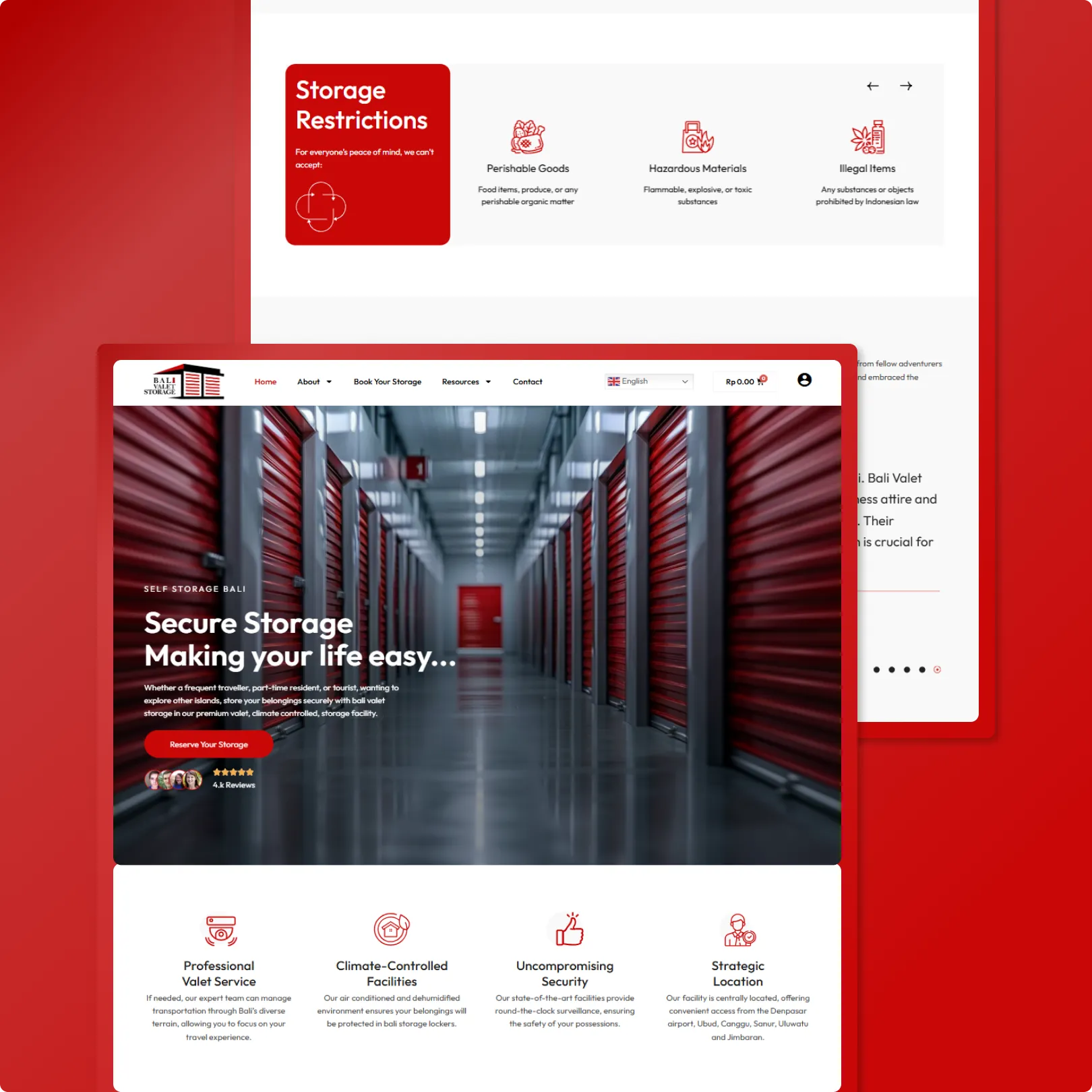 Self storage website with corridor photography hero, Secure Storage headline, reserve CTA and four service feature icons