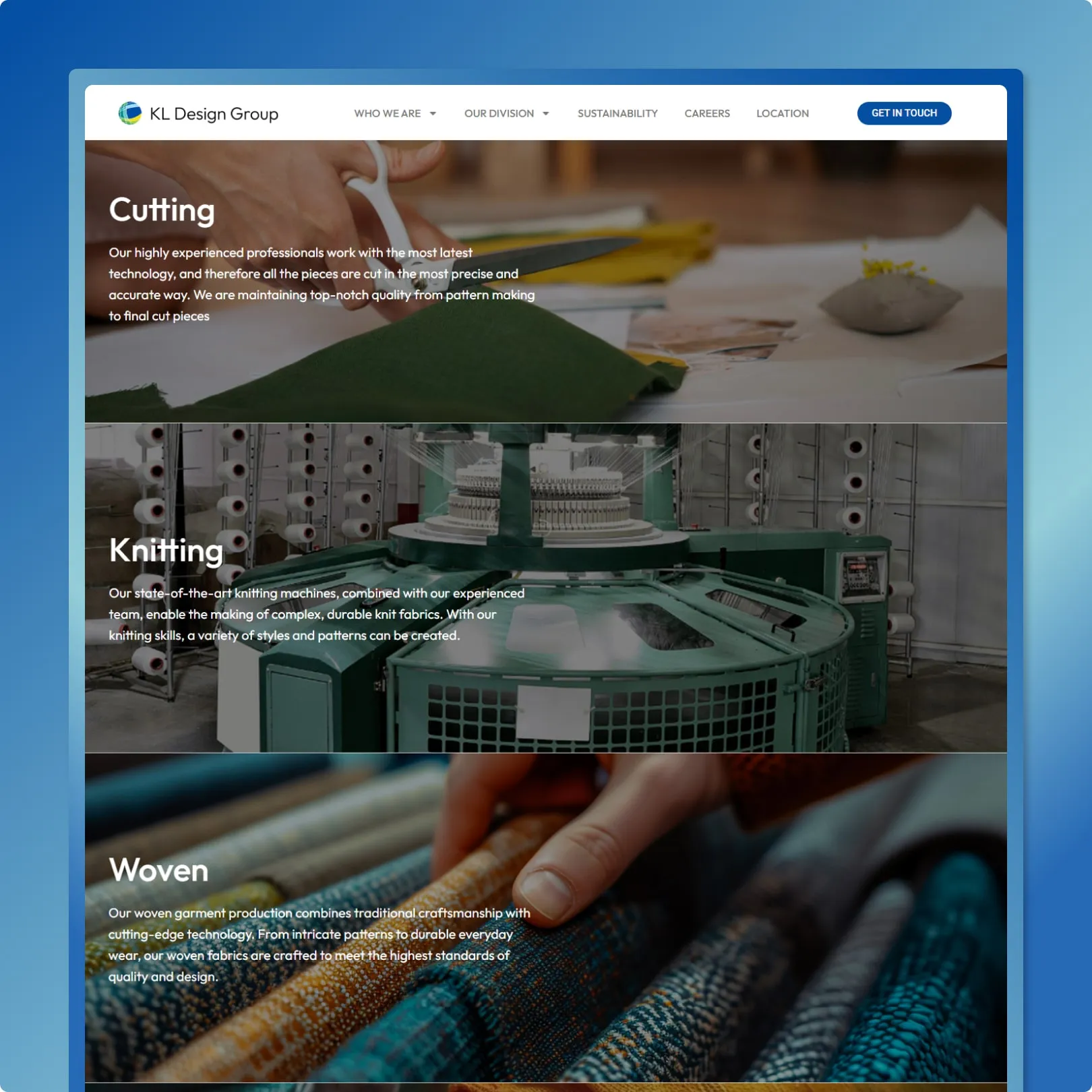 Textile manufacturing website with full-bleed fabric cutting, knitting machine and woven fabric photography sections