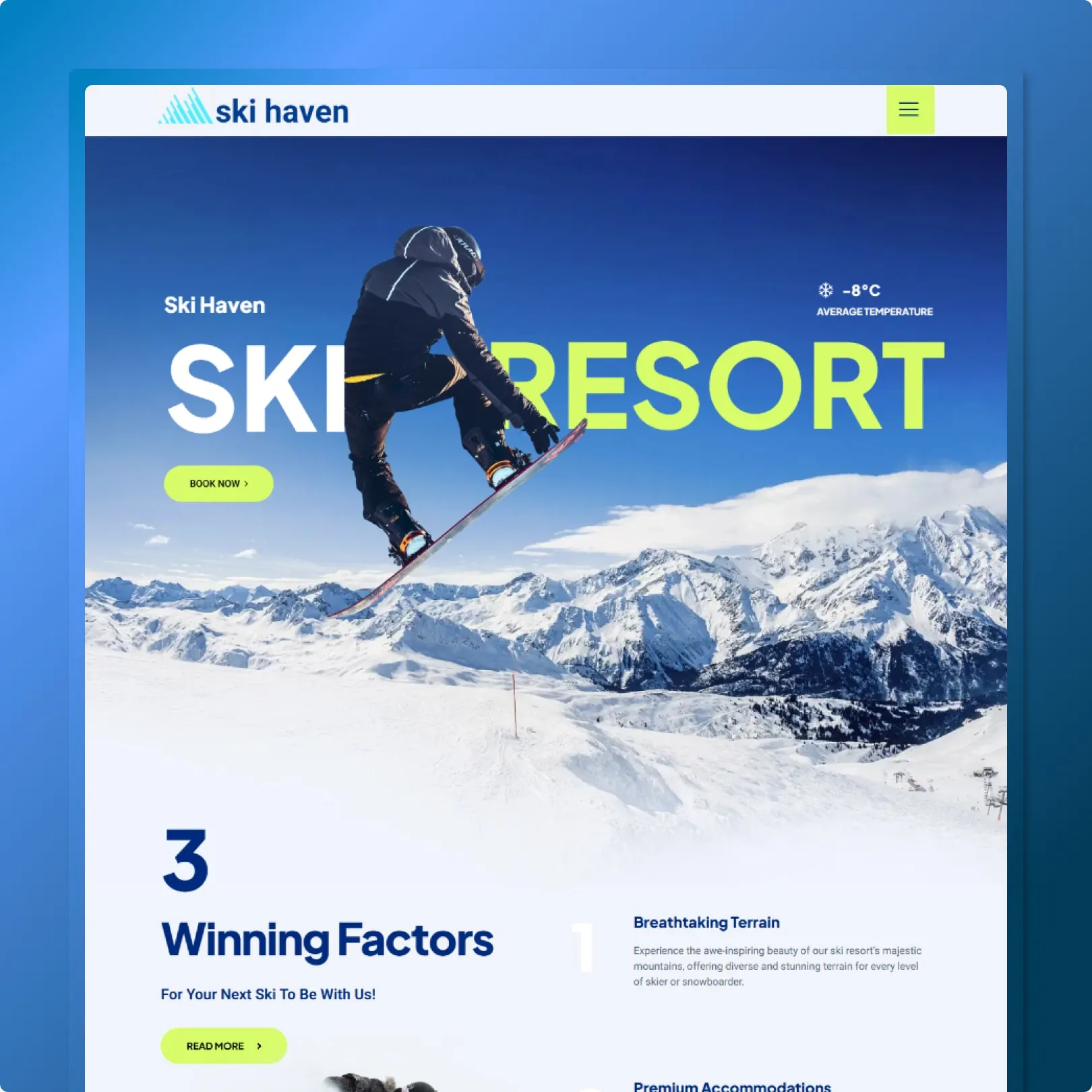 Ski resort website with full-bleed action photography, large SKI RESORT headline, Book Now pill button and lime green accents