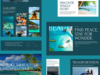 Dark luxury travel website with photography gallery grid, Hawaii-style experiences, transportation and booking sections