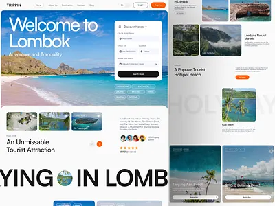 Modern travel website with Lombok full-bleed hero, hotel discovery search form, card grid destinations and local highlights