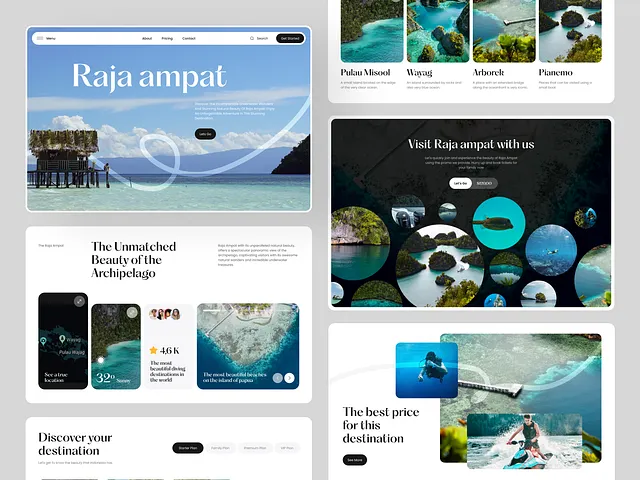 Modern tourism website with ocean photography grid, Raja Ampat headline, location cards and exploration sections