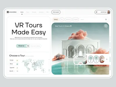 Clean VR tour booking website with world map, tour cards for Greece and Athens, 3D environment preview and Reserve button