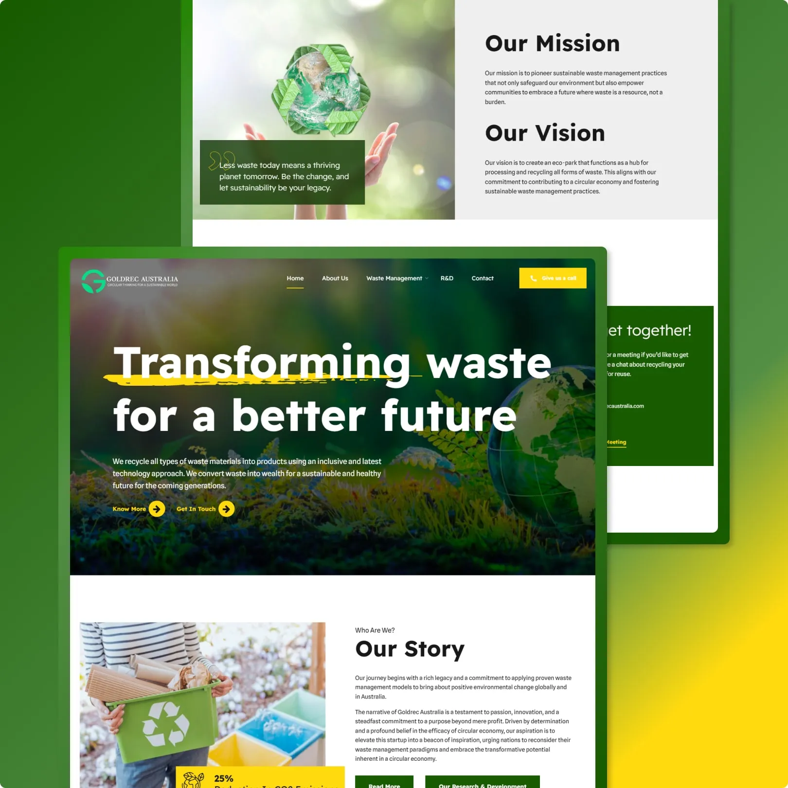Green waste management website with environmental photography, Transforming waste for a better future headline and yellow underline