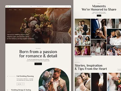 Elegant wedding planner website with serif typography, romantic photography collage and wedding planning service sections