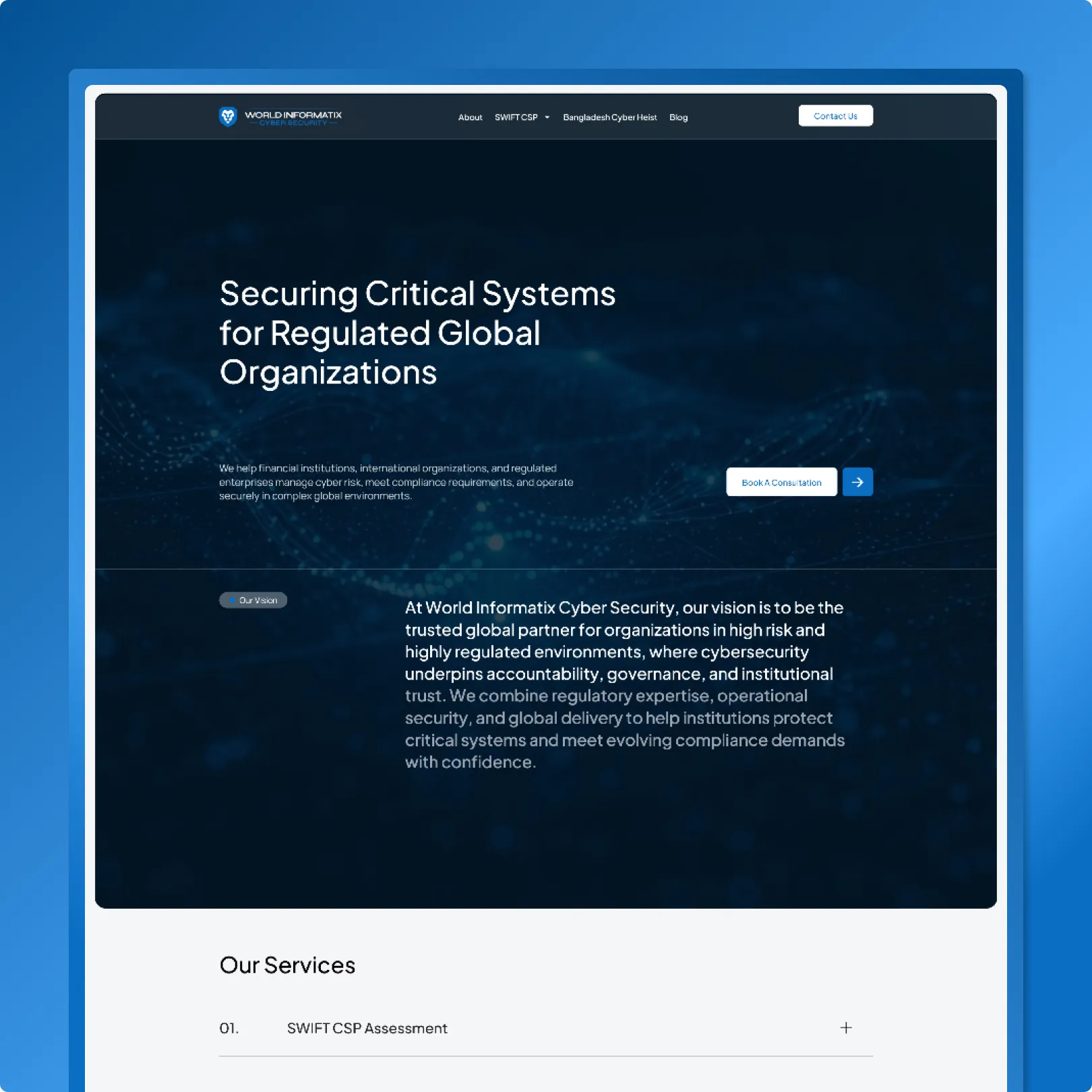 Deep blue cyber security website with globe particle animation, Securing Critical Systems headline and Our Vision section